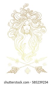 Portrait of mystic girl. Hand drawn beautiful artwork. Paganism, spirituality, decorative tattoo art, coloring books. Isolated vector illustration. Print for textiles and printing