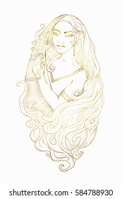 Portrait of mystic girl. Indian girl portrait.Hand drawn beautiful artwork. Paganism, spirituality, decorative tattoo art, coloring books. Isolated vector illustration. Print for textiles and printing