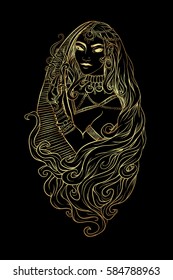 Portrait of mystic girl. Indian girl portrait.Hand drawn beautiful artwork. Paganism, spirituality, decorative tattoo art, coloring books. Isolated vector illustration. Print for textiles and printing