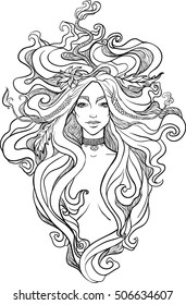 Portrait of mystic girl. Spirit and paganism. Vector illustration line art. Print for textiles and printing