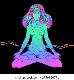 Portrait of mystic girl with three eyes. Vector illustration of a witch mutant. Monster with three eyes.