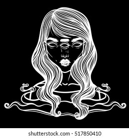 Portrait of mystic girl with three eyes. Vector illustration of a witch mutant. Monster with three eyes.