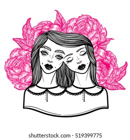 Portrait of mystic Siamese twins and a bouquet of peonies in the background. Vector illustration of a Siamese twins mutant. linear tattoo illustration