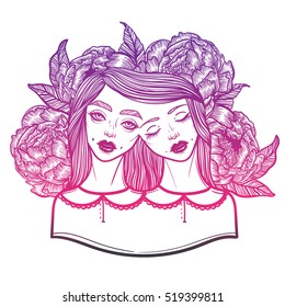 Portrait of mystic Siamese twins and a bouquet of peonies in the background. Vector illustration of a Siamese twins mutant. linear tattoo illustration