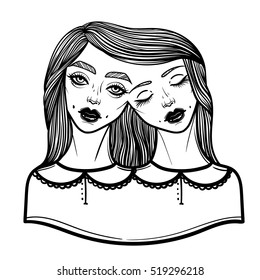 Portrait of mystic Siamese twins. Vector illustration of a Siamese twins mutant. Line tattoo print