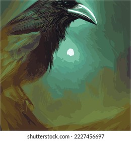 portrait Mystical Dire Bird Crow  Symbol Gothic  Halloween  fear  by black crows terrible foggy forest  SET vector illustration  Unconditional wild animals drawings crows black silhouette