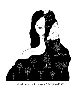 Portrait of a nature young woman painted by hand. Isolated ink vector illustration on a white background. One half of the face is covered with black loose hair. The girl is decorated with flowers.