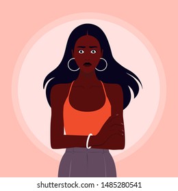 Portrait of a nervous African girl. Excited woman crossed her arms.  Shock and stress. Vector flat illustration
