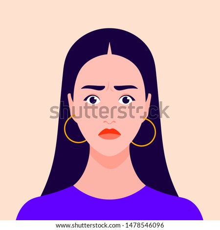 Portrait of a nervous girl. Excited female face. Avatar. Shock and stress. Vector flat illustration