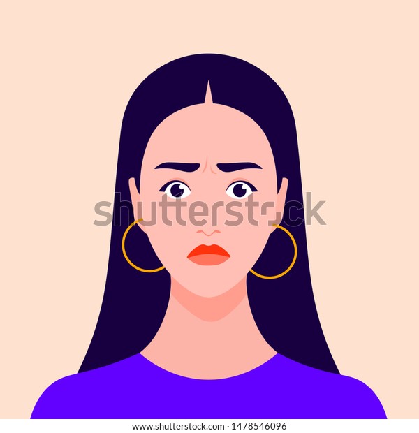 Portrait of a nervous girl.\
Excited female face. Avatar. Shock and stress. Vector flat\
illustration