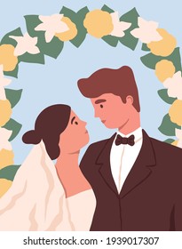 Portrait of newly-married love couple at wedding flower arch. Marriage of man and woman. Bride in bridal vein and dress and bridegroom in suit. Colored flat vector illustration of husband and wife