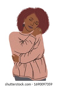 Portrait of nice African American woman hugging herself. Oneself happy and positive, smiling confident. Love yourself and your body positive, smiling confident. Take time for your self. 