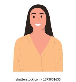 Portrait of a nice girl with a wide smile in fashionable clothes, flat illustration. Isolated on white background, mock up for website, advertising