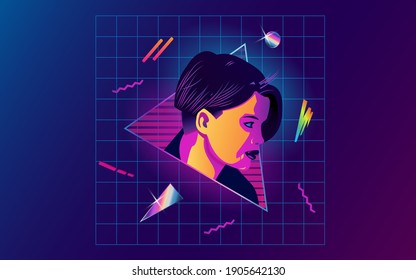 Portrait Of Non-binary Androgynous Female With Short Pixie Haircut. Poster Template In Retro Future Wave Art Style. Vector Illustration With 80s Neon Grid And Graphic Doodles On The Background.