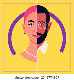 A portrait of a non-binary persona. Half female face and half male face. LGBTQIA. Vector flat illustration 