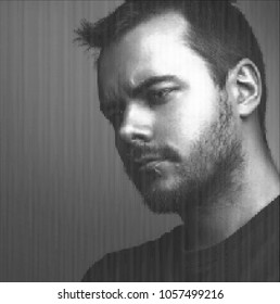 portrait not the shaven man on a gray background 