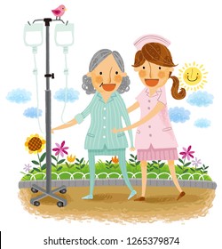 Portrait of nurse and elderly woman with Saline bag on stand