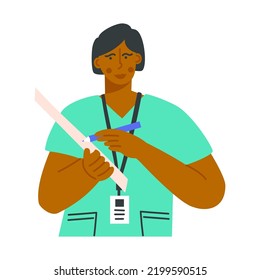 Portrait of nurse isolated on a white background. Hospital worker with clipboard and pen in hands. Medical staff in uniform. Vector flat illustration