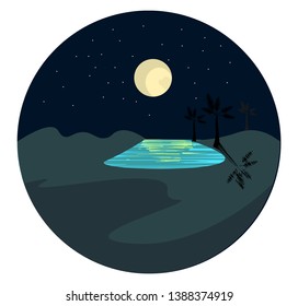 Portrait of an oasis  the fertile spot with water and a full moon over dark background  vector  color drawing or illustration