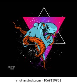 portrait of an octopus in the background of a triangle.Can be used for printing on T-shirts, flyers and stuff. Vector illustration