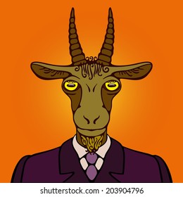 Portrait of office goat  Animal with horns looks unblinkingly straight at the viewer. Caricature illustration.