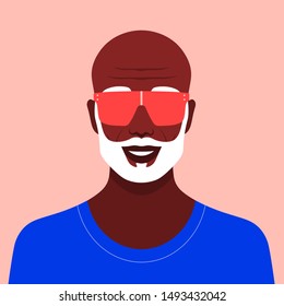 Portrait of an old African man. Stylish grandfather avatar in sunglasses and with a beard.  Vector flat illustration