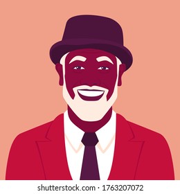 Portrait of an old African man. Stylish grandfather avatar in a suit with a hat and with a beard. Vector flat illustration