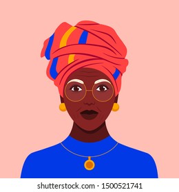 Portrait of an old African woman in a headdress. Stylish grandmother avatar. Vector flat illustration