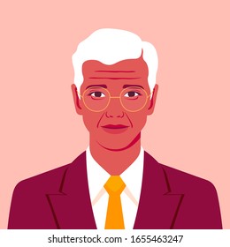 Portrait of an old businessman in a suit with a tie. Avatar of grandfather. Vector illustration in flat style