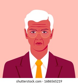 Portrait of an old businessman in a suit with a tie. Avatar of a sad man. Vector illustration in flat style