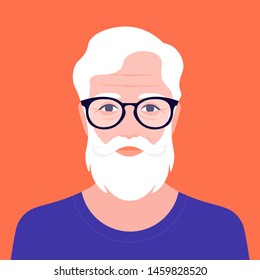 Portrait of an old hipster man with a beard. Avatar fashion grandfather. Stylish pensioner. Vector illustration in flat style