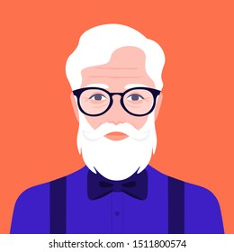 Portrait of an old hipster man with a bow tie. Avatar fashion grandfather. Vector illustration in flat style