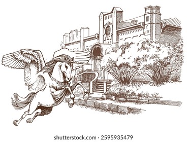 Portrait of an old house with a mystical flying unicorn. Pen sketch converted to vectors.
