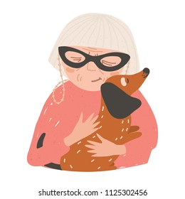 Portrait of old lady or woman holding his dachshund dog and hugging. Beautiful female cartoon character embracing domestic animal. Pet love and care. Colorful vector illustration in flat style.