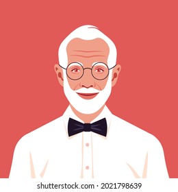 Portrait of an old man with beard and and bow tie. Avatar of a happy grandfather. An Elderly businessman. Social networks. Vector flat illustration