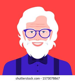 Portrait of an old man with beard and eyeglasses. Avatar happy grandfather. Social networks. Vector flat illustration