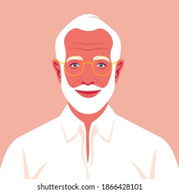 Portrait of an old man with beard and eyeglasses. Avatar happy grandfather. An Elderly businessman. Social networks. Vector flat illustration