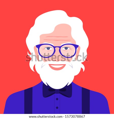 Portrait of an old man with beard and eyeglasses. Avatar happy grandfather. Social networks. Vector flat illustration