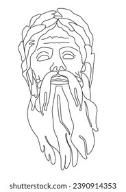 Portrait of old man with beard. Plaster statue of a head. Minimal line art drawing. Vector illustration.
