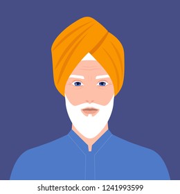 Portrait of an old man. The head of a Sikh with a beard in a turban. Portrait in traditional costume. Vector flat illustration