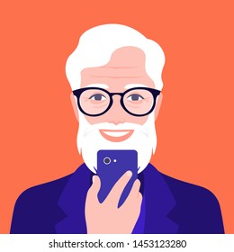 Portrait of an old man with a phone. Addiction on the smartphone and the Internet. Social networks. Vector Flat Illustration