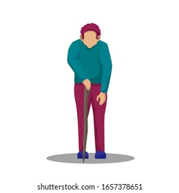 Portrait of an old man using a stick. Grandfather is wearing a sweater. Cartoon grandfather standing. Isolated vector illustration.