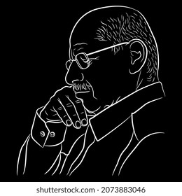 Portrait of an old man wearing glasses and propping his head. Sad tired aged person. White linear silhouette on black background.