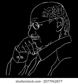 Portrait of an old man wearing glasses and propping his head. Sad tired aged person. Hand drawn linear doodle sketch. White silhouette on black background.