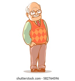 Portrait of old man wearing glasses. Grandfather with grey hair, mustache, wearing sweater. Cartoon grandpa. Senior man standing. Isolated vector illustration.