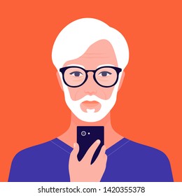 Portrait Of An Old Oriental Man With A Phone. Addiction On The Smartphone And The Internet. Social Networks. Avatar Of An Asian Retiree. Vector Flat Illustration