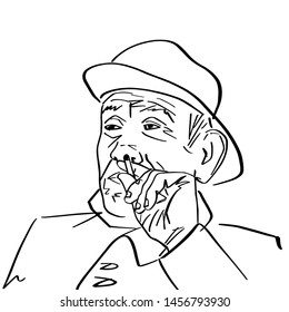 Portrait of old sailor with a cigarette. Black isolated contour. Hand drawn style. Vector outline. Graphic element.