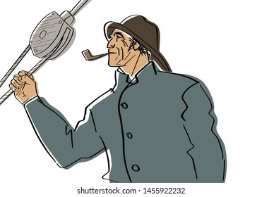 Portrait of old sailor with a pipe. Black isolated contour and colors. Hand drawn style. Vector element. Colorful flat illustration.