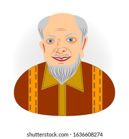 Portrait of an old smiling man with gray hair and beard with a bald head on a white background. Icon. Isolated. Vector illustration.