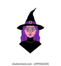 Portrait of old witch in doodle style on white background.